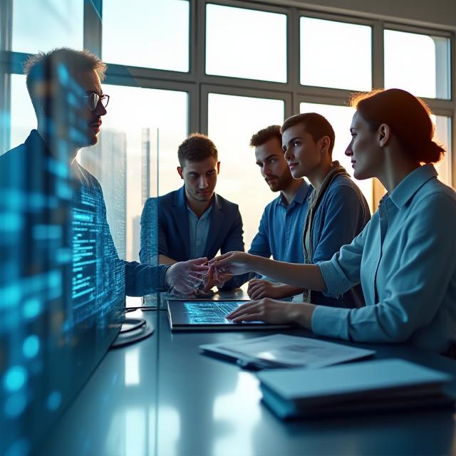 Team of data orchestrators collaborating in a bright modern space