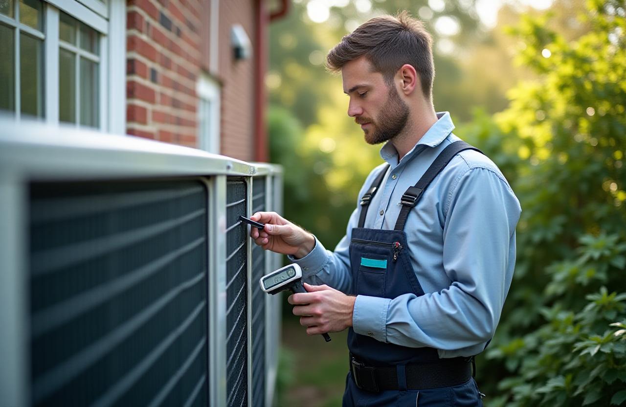 Expert HVAC technician performing diagnostics on a modern air conditioning unit